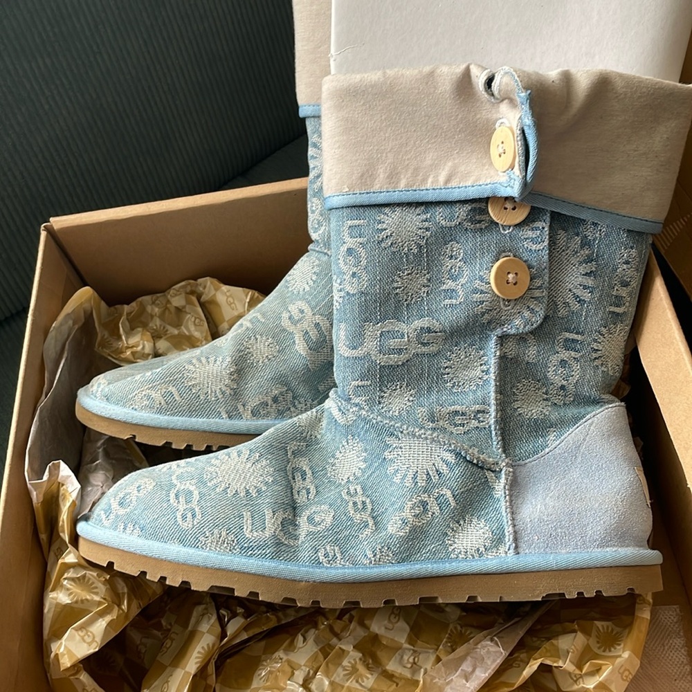 UGG Boots (genuine). Light denim with UGG motif all over